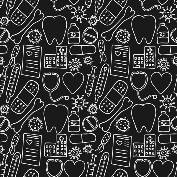 Seamless Pattern Icons Theme Medicine Doodle Vector Medicine Icons Black — Stock Vector
