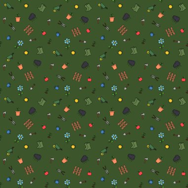 Renksiz bahçıvanlık deseni. Bahçe ikonlarıyla karalama vektörü. Yeşil arkaplanda eski bahçe simgeleri