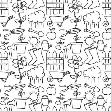 Kusursuz bahçıvanlık düzeni. Bahçe ikonlarıyla karalama vektörü. Beyaz arkaplanda eski bahçe simgeleri