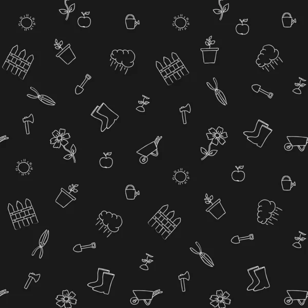 Kusursuz bahçıvanlık deseni. Bahçe ikonlarıyla karalama vektörü. Koyu arkaplanda eski bahçe simgeleri