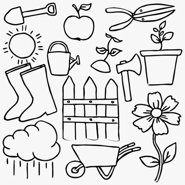 Ícones Jardinagem Doodle Vintage Vetor Ícones Jardinagem Fundo Branco — Vetor de Stock