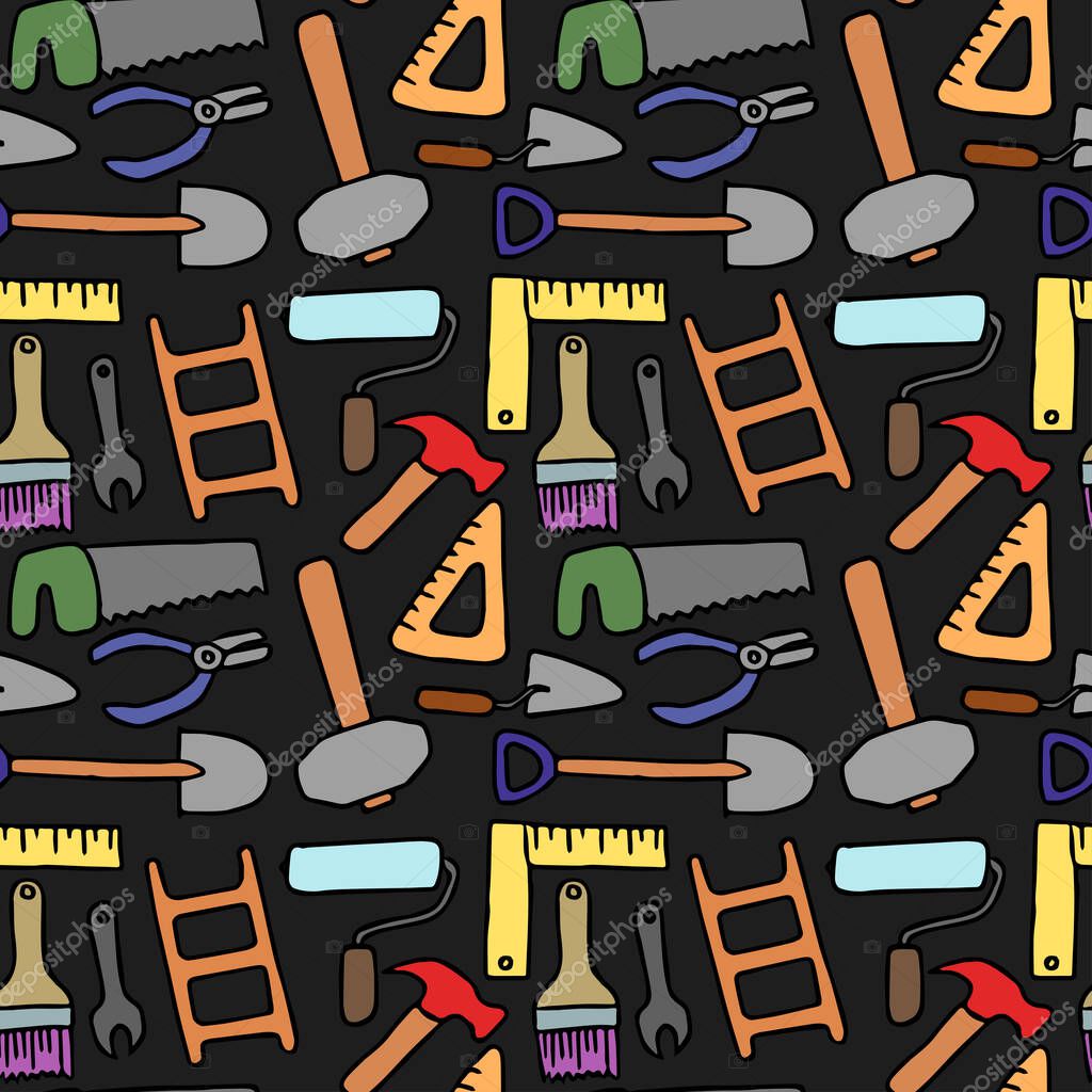 Colored seamless construction tools pattern. Doodle vector with construction tools icons. Vintage construction tools icons
