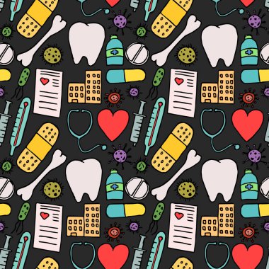 Renkli, pürüzsüz tıp kalıbı. Karanlık arka planda ilaç ikonları olan karalama vektörü. Eski ilaç simgeleri