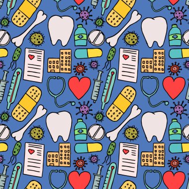 Renkli, pürüzsüz tıp kalıbı. Mavi arka planda ilaç ikonları olan karalama vektörü. Eski ilaç simgeleri