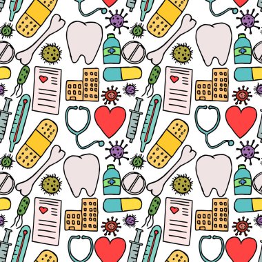 Renkli, pürüzsüz tıp kalıbı. Beyaz arka planda ilaç ikonları olan karalama vektörü. Eski ilaç simgeleri