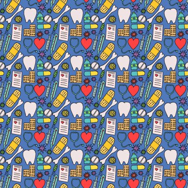 Renkli, pürüzsüz tıp kalıbı. Mavi arka planda ilaç ikonları olan karalama vektörü. Eski ilaç simgeleri