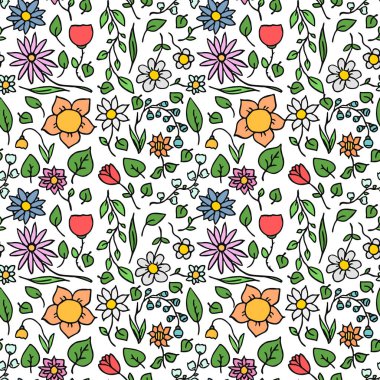Colored seamless floral vector pattern. Doodle vector with floral pattern on white background. Vintage floral pattern
