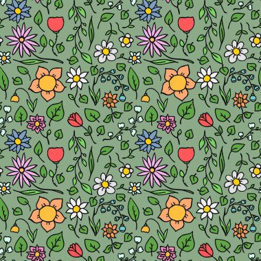 Renksiz dikişsiz çiçek vektör deseni. Yeşil arka planda çiçek desenli karalama vektörü. Eski çiçek desenleri