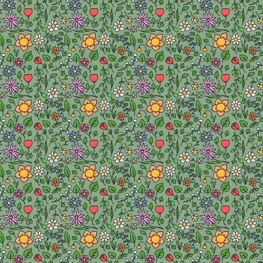 Renksiz dikişsiz çiçek vektör deseni. Yeşil arka planda çiçek desenli karalama vektörü. Eski çiçek desenleri
