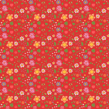 Colored seamless floral vector pattern. Doodle vector with floral pattern on red background. Vintage floral pattern