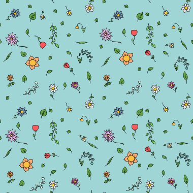 Renksiz çiçek vektör deseni. Mavi arka planda çiçek desenli karalama vektörü. Eski çiçek desenleri