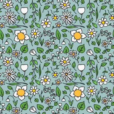 Renksiz çiçek vektör deseni. Mavi arka planda karalama çiçek deseni. Beyaz çiçekli klasik çiçek çizimi