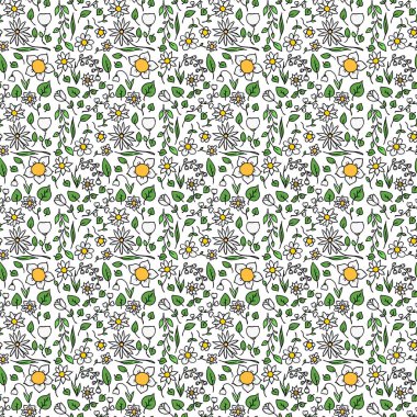 Renksiz çiçek vektör deseni. Beyaz arka planda çiçek desenli karalama vektörü. Eski çiçek desenleri