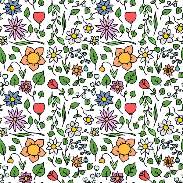 Colored Seamless Floral Vector Pattern Doodle Vector Floral Pattern White — стоковый вектор
