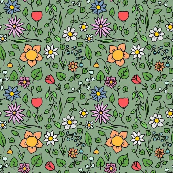 Renksiz dikişsiz çiçek vektör deseni. Yeşil arka planda çiçek desenli karalama vektörü. Eski çiçek desenleri