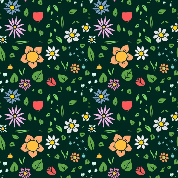 Kleurrijke Naadloze Bloemen Vector Patroon Doodle Vector Met Bloemmotief Groene — Stockvector