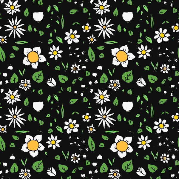 Colored Seamless Floral Vector Pattern Doodle Floral Pattern Black Background — Image vectorielle