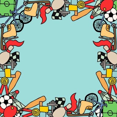 Metin için yeri olan renkli vektör spor simgeleri. Spor simgeleriyle karalama vektör çerçevesi