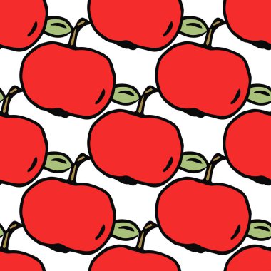 Elma deseni. Kırmızı elmalı kusursuz karalama deseni. Kırmızı elmalı renkli vektör çizimi