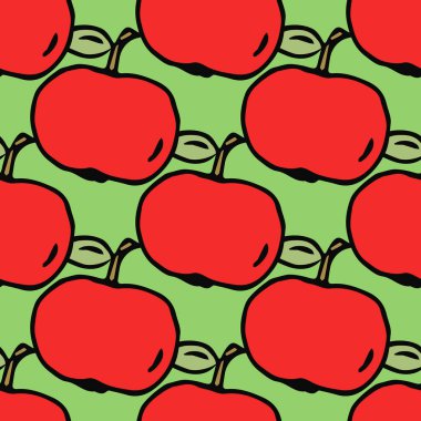 Elma deseni. Kırmızı elmalı kusursuz karalama deseni. Kırmızı elmalı renkli vektör çizimi