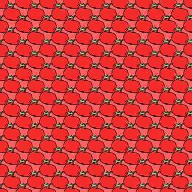 Elma deseni. Kırmızı elmalı kusursuz karalama deseni. Kırmızı elmalı renkli vektör çizimi