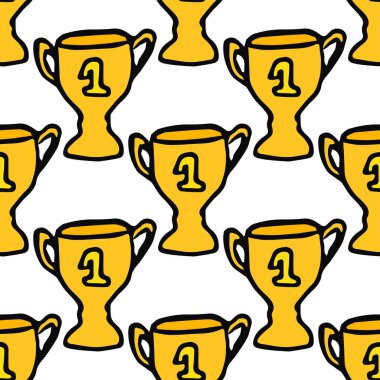 Şampiyonluk kupası ile kusursuz karalama deseni. Altın fincanlı vektör çizimi. Spor arkaplanı