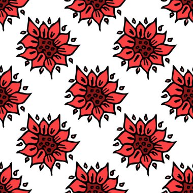 Kusursuz çiçek vektör deseni. Renkli çiçek arka planı. Kırmızı çiçekli karalama deseni. Klasik çiçek desenli resimleme