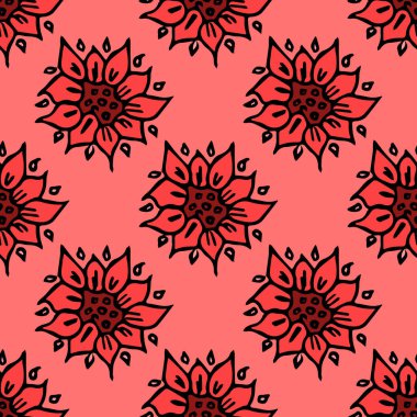 Kusursuz çiçek vektör deseni. Renkli çiçek arka planı. Kırmızı çiçekli karalama deseni. Klasik çiçek desenli resimleme