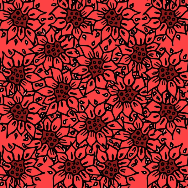Nahtloses Florales Vektormuster Farbige Blumen Hintergrund Gekritzeltes Blumenmuster Mit Roten — Stockvektor