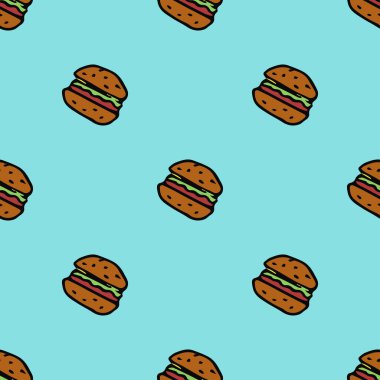 Hamburger ikonlarıyla kusursuz desen. Renkli hamburger arka planı. Doodle vektör burger çizimi