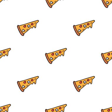 Kusursuz pizza kalıbı. Renkli pizza arka planı. Doodle vektör pizza çizimi