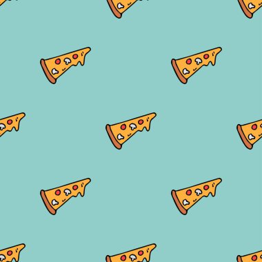 Kusursuz pizza kalıbı. Renkli pizza arka planı. Doodle vektör pizza çizimi