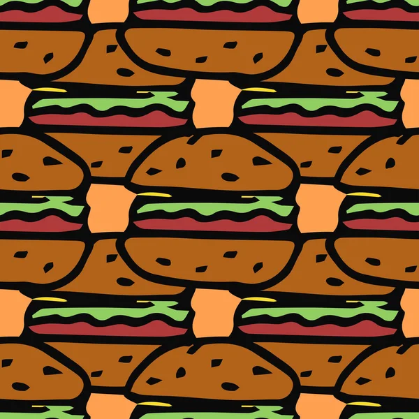 Nahtloses Muster Mit Burger Symbolen Farbige Hamburger Hintergrund Doodle Vektor — Stockvektor
