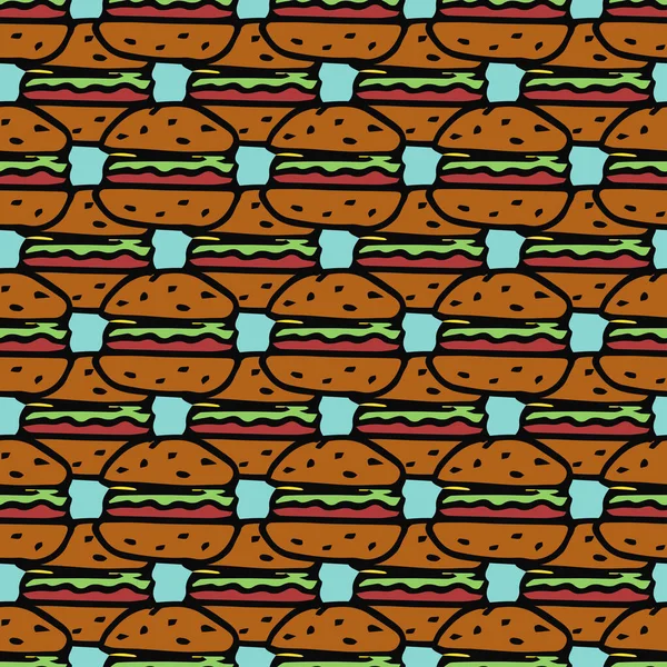 Seamless Pattern Burger Icons Colored Hamburger Background Doodle Vector Burger —  Vetores de Stock