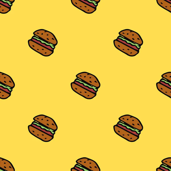 ハンバーガーのアイコンとシームレスなパターン 色のハンバーガーの背景 落書きベクトルバーガーイラスト — ストックベクタ