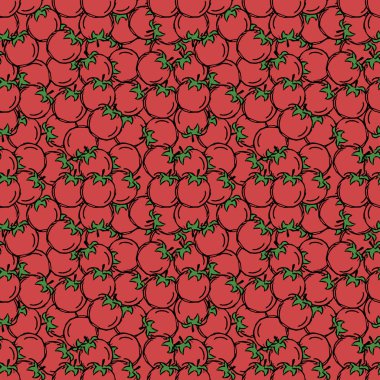 Kusursuz domates deseni. Renkli domates arka planı. Domatesli Doodle vektör çizimi