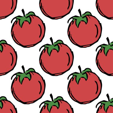 Kusursuz domates deseni. Renkli domates arka planı. Domatesli Doodle vektör çizimi