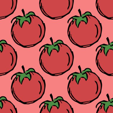 Kusursuz domates deseni. Renkli domates arka planı. Domatesli Doodle vektör çizimi