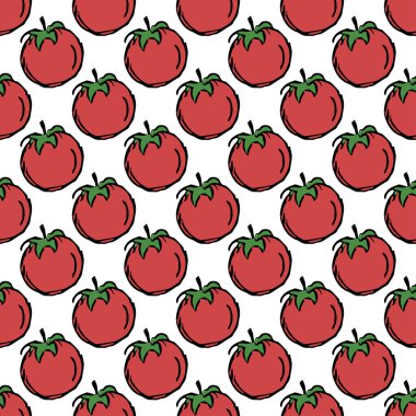 Kusursuz domates deseni. Renkli domates arka planı. Domatesli Doodle vektör çizimi