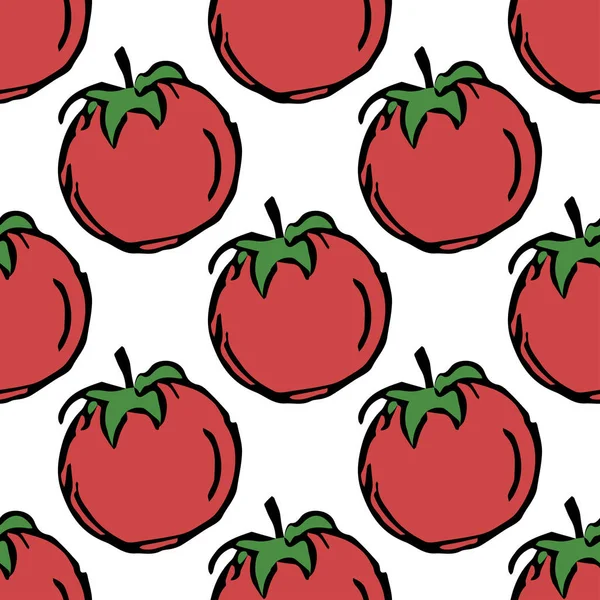 Kusursuz domates deseni. Renkli domates arka planı. Domatesli Doodle vektör çizimi