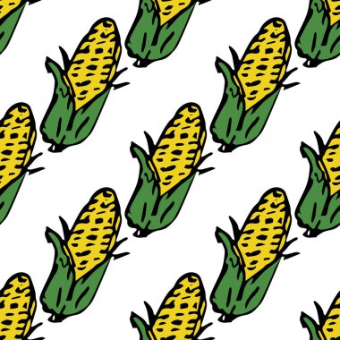 Sarı mısır ikonlarıyla kusursuz desen. Renkli mısır arka planı. Sebzeli Doodle vektör çizimi