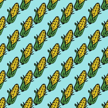 Sarı mısır ikonlarıyla kusursuz desen. Renkli mısır arka planı. Sebzeli Doodle vektör çizimi