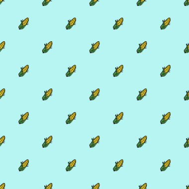 Sarı mısır ikonlarıyla kusursuz desen. Renkli mısır arka planı. Sebzeli Doodle vektör çizimi