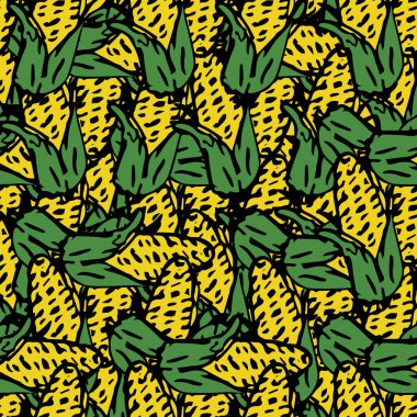 Sarı mısır ikonlarıyla kusursuz desen. Renkli mısır arka planı. Sebzeli Doodle vektör çizimi