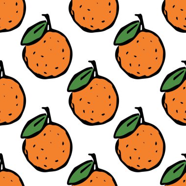 Turuncu simgelerle kusursuz desen. Renkli turuncu arka plan. Meyveli Doodle vektör illüstrasyonu