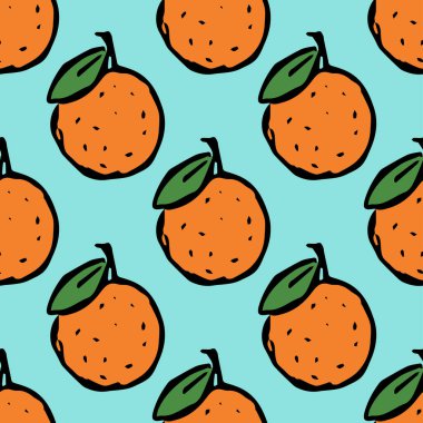 Turuncu simgelerle kusursuz desen. Renkli turuncu arka plan. Meyveli Doodle vektör illüstrasyonu