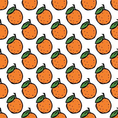 Turuncu simgelerle kusursuz desen. Renkli turuncu arka plan. Meyveli Doodle vektör illüstrasyonu