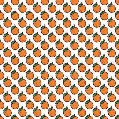 Turuncu simgelerle kusursuz desen. Renkli turuncu arka plan. Meyveli Doodle vektör illüstrasyonu