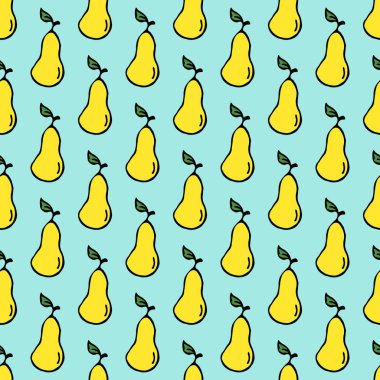 Sarı armut ikonlarıyla kusursuz desen. Armut renginde. Meyveli Doodle vektör illüstrasyonu