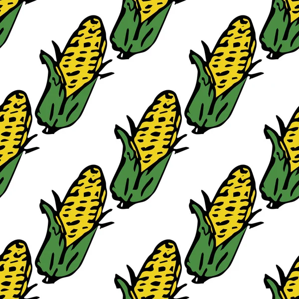 Sarı mısır ikonlarıyla kusursuz desen. Renkli mısır arka planı. Sebzeli Doodle vektör çizimi